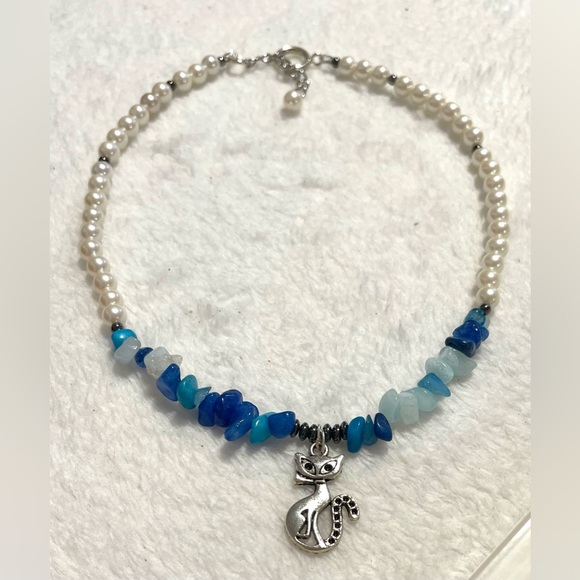 swarovski pearls beads and quartzite aqua mix chips stone choker necklace - Picture 8 of 8